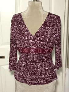 INC Pullover V-Neck Top Women's L Faux Wrap Paisley Burgundy Bling Lined - Bild 1 von 17