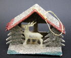 Vintage Christmas Putz Cardboard Mica House Celluloid Reindeer Japan