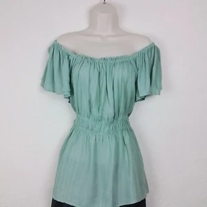 Maurices Green Peplum Waist Peasant Blouse M Off Shoulder Flutter Sleeve Rayon - Picture 1 of 10