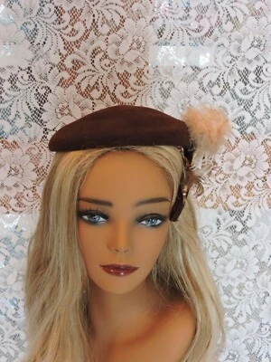 复古女士 Henry G. Ross 原装纽约巴黎棕色丝绒帽子带羽毛 — 第 1/4 张图片