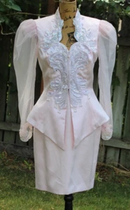 Vtg 80s Karen Okada David Howard Pink Satin Sequin Pearl Skirt Suit Women's S - Picture 1 of 20