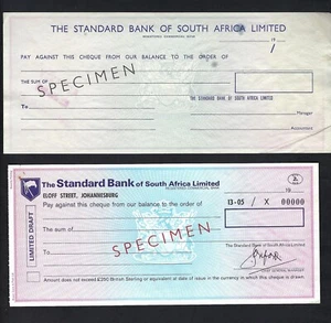 South Africa 2 Cheque Stanford Bank of South Africa Limited Specimen - Picture 1 of 2