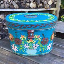 Old Vintage Early 20th Century Decorative Floral Painted Tin Hat Storage Box