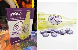 Fallout Nuka Cola Quarz Glas Flasche + 10 Kronkorken Rakete Replik Figur - Bild 1 von 6