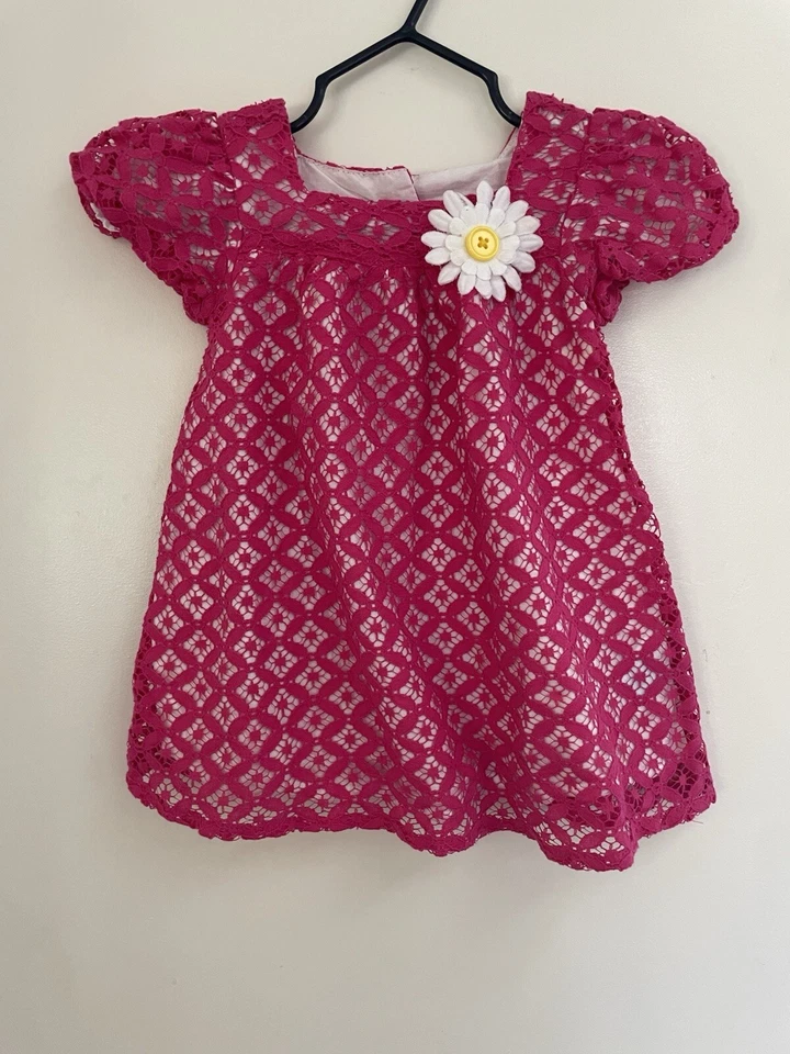 TCP Bebé Niña Margarita Flor Rosa Encaje Forrado Algodón Manga Corta Vestido Rosa 9-12 M Foto 1 de 4