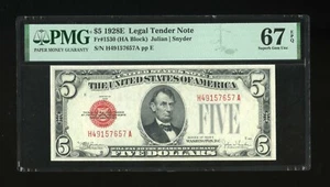 DBR 1928-E $5 Legal Fr. 1530 HA Block Superb Gem PMG 67 EPQ Serial H49157657A - Picture 1 of 2