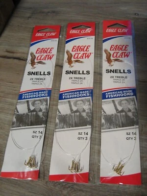 9 Snelled Eagle Claw 2X Treble Snell Fishing Hooks - Size 14 Gold #673 - Image 1 of 4