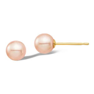 14K Solid Yellow Gold 5mm Pink Round Freshwater Cultured Pearl Stud Earrings ... - Picture 1 of 3