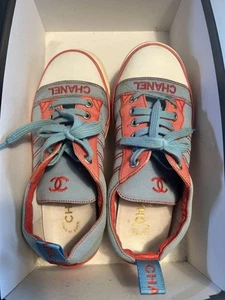 CHANEL Sneakers Light Blue/Orange for women fashion item with coco mark brand - Picture 1 of 3