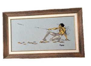 Gerahmte Nadelspitze Indianer Wurfspeer signiert "Tiger" 37x22,5" - Bild 1 von 13