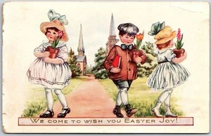 We Come To Wish You Easter Joy Kids Brings Potted Plants Postcard - Picture 1 of 2