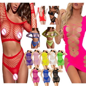 Damen Bodystockings Transparent Fischnetz Dessous Bodycon Minikleid Nachtw?sch^ - Picture 1 of 52
