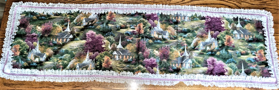 *NEW* Hand Sewn Mauve "Autumn Village Scene" Table Scarf-w/lace 42" X 13" - Image 1 of 2