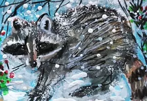 Pintura ORIGINAL ACEO MAPACHE Invierno Nieve Animal Salvaje Coon Pino Naturaleza ARTE - Imagen 1 de 1