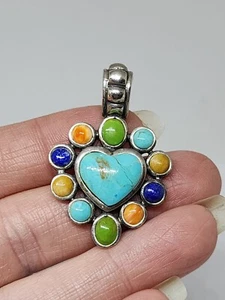 Vtg Sterling Silver Turquoise Heart Gaspeite Spiny Oyster Lapis Pendant  - Picture 1 of 12