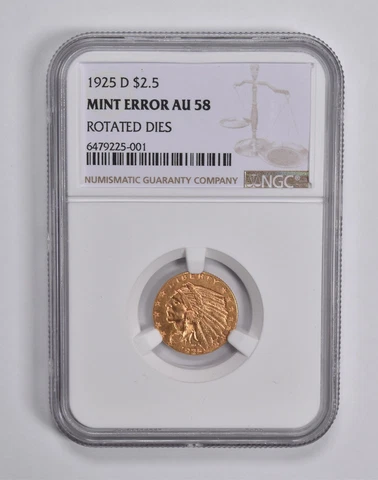 Mint Error AU58 1925-D $2.50 Indian Head Gold Quarter Eagle Rotate Die NGC *6545 Cover