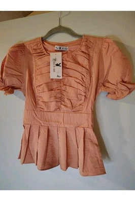 Blusa acanalada manga abullonada Phuc Le Suit talla 8 lote de 2 top melocotón y mostaza nueva con etiquetas Foto 1 de 4