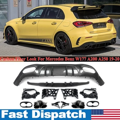 Carbon Look A45 Style Rear Diffuser W/Exhaust Tip For Mercedes W177 A250 2019-22 - Imagem 1 de 4