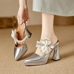 Women Pointed Toe Slipper Sandal Bowknot High Block Heel Real Leather Rhinestone - Picture 1 of 25