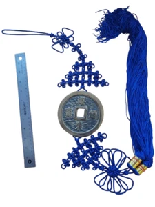 Grande moneta blu doppia nappa nodo cinese da appendere a parete in ottone - Foto 1 di 6