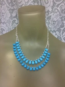 Signed "Chaps" Silver-tone and Simulated turquoise Necklace 20.5" 2 Layers - Picture 1 of 4