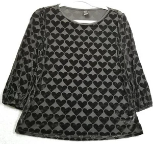 Emery Rose Top Women’s Small S Black Heart Velour ¾ Sleeves Blouse Stretch Sheer - Picture 1 of 10