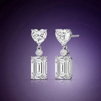 Diamond Stud Earring  Heart Cut 14K White Gold 7.00 Ct Lab Created Emerald  - Image 1 of 4