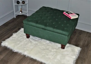 Stunning Ottoman Storage Chesterfield Footstool in a Plush Green Chenille Fabric - Picture 1 of 5