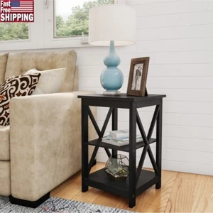 Wooden End Table X-Shaped Two Shelves Modern Accent Storage Nightstand Black - Picture 1 of 7