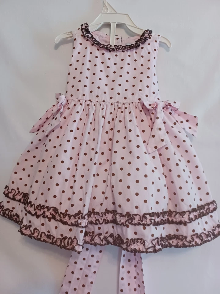 Vestido POLLY & FRIENDS 12M Bebé Niñas Rosa Lunares con Cintas, Faja/Volantes Usado en Excelente Condición Foto 1 de 4