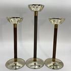 Mid Century Modern 3 Metal Candleholders with Wood  2-8.5&quot;T 1 10.5&quot;T O307