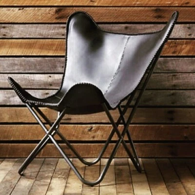 Genuine Handmade Leather Stitch Butterfly Full Folding Iron Frame Relax Chair - Image 1 of 4