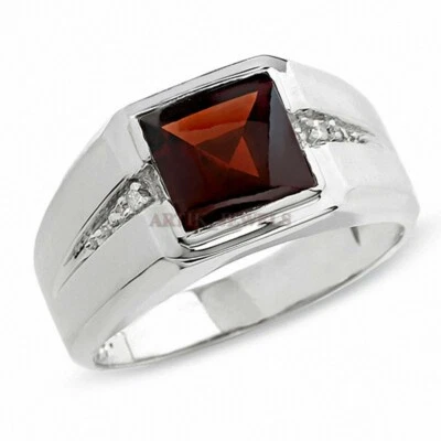 Naturale Granato Gemma Con 14K Placcato Oro Bianco Anello Argento per Uomo #793 - Immagine 1 di 4