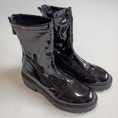 Forever 21 Shiny Black Combat Boots With Zipper Chunky - Image 1 of 4
