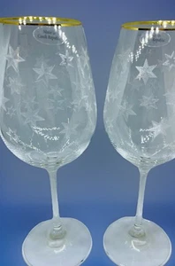 2 Vintage Etched Glass Atomic Star Burst Wine Glasses MCM Czech Gold Tone Trim - Picture 1 of 24