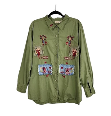 Camisa Apple Picking Otoño Cosecha 18W-20W Verde Bordado Lentejuelas Botón Frontal Foto 1 de 4