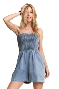 ADORA Smocked Spaghetti Strap Denim Romper - Picture 1 of 8