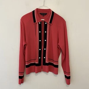 Ming Wang Jacket Large Coral Pink Black Trim Hook And Eye Close Sweater - Picture 1 of 7