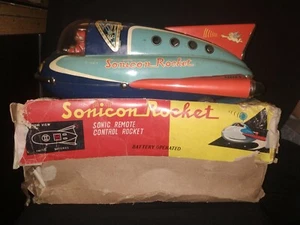 VINTAGE MASUDAYA BATTERY SONICON REMOTE CONTROL ROCKET WHISTLE TIN TOY JAPAN BOX - Picture 1 of 12
