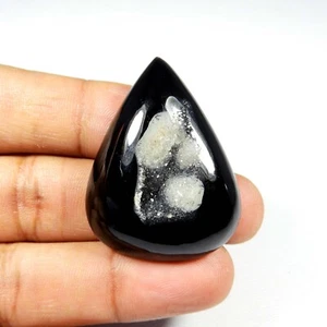 72 Cts Black Onyx Agate Druzy Cabochon Pear Shape Natural Gemstone #8412 - Picture 1 of 9