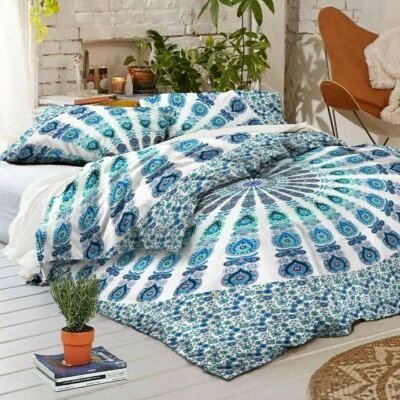 Queen Size Indian Peacock Mandala Cotton Handmade Bedsheet With Two Pillow Cover - Image 1 of 4