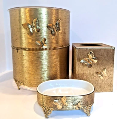 Juego de baño mariposa Hollywood Regency construido con estilo de 3 piezas de metal tono dorado años 50 Foto 1 de 4