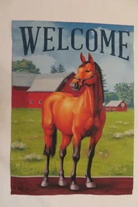 "WELCOME" Brown Horse on Farm by a Field, Red Barn, decorative Garden Flag - Picture 1 of 2