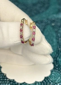 0.30Ct Round Cut Natural Red Ruby Hoop Huggie Earrings Solid 14K Yellow Gold - Picture 1 of 12
