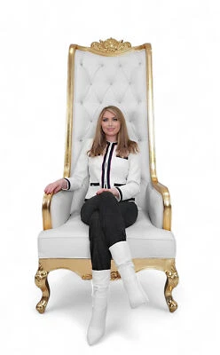 Silla barroca con respaldo alto King Throne - King Throne cuero blanco con dorado Foto 1 de 4