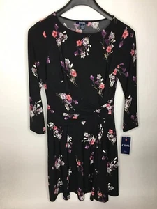 Damen CHAPS schwarz & koralle Blumen Stretch ausgestelltes Kleid • Größe M * Neu mit Etikett - Bild 1 von 12