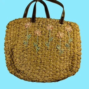 Amanda Smith Straw Purse Pink Flowers Lined Beachy Summer - Picture 1 of 6