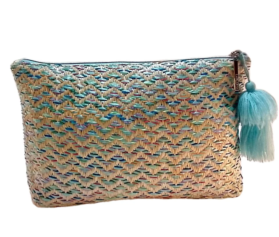 Bolso de Viaje Cosmético Maquillaje Lancome Paris Azul Beige Tejido Paja Cremallera con Borla Foto 1 de 4