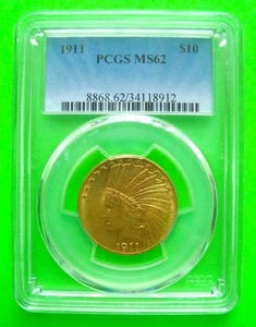 1911 INDIAN $10 GOLD EAGLE PCGS MS62 gemma ghiacciata + SPEDIZIONE GRATUITA - Foto 1 di 5