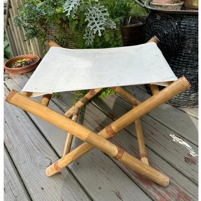 Vintage bamboo Camping Stool Folding Canvas Seat Portable Fishing bohemian  - Image 1 of 4